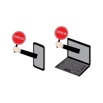 Hand holding error sign coming out of computer Stock Illustration
