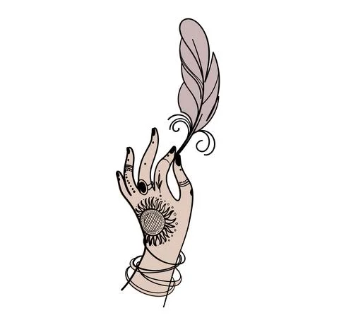 Hand holding a feather, magic boho tattoo design for a witch, witchcraft for  Stock Illustration