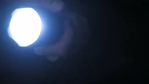 Hand Holding a Flashlight Pointing at the Camera in the Dark. Stock Footage 315410491