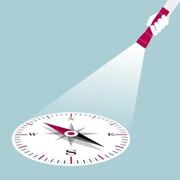 Hand holding a flashlight,projection a compass. Stock Illustration