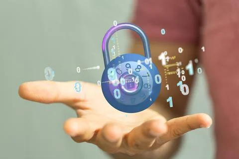 Hand holding a floating digital render of a lock with binary code-cybersecurity Stock Photos