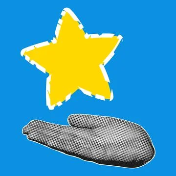 Hand holding a floating doodle star above the palm, halftone pop art vector.. Stock Illustration