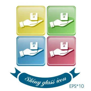 Hand holding a floppy, diskette. symbol store information document. computer  イラスト素材