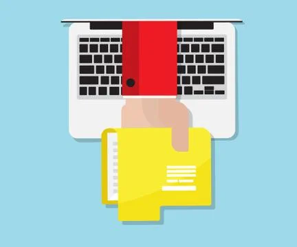 Hand holding folder from laptop, data communication concept 스톡 일러스트