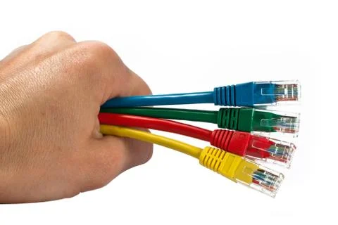 Hand Holding Four Multi Colored Network Cables Isolated Stock Photos