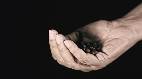 Hand Holding Fresh Coffee Beans, Slow Motion clip on Black Background Stock Footage 107168804