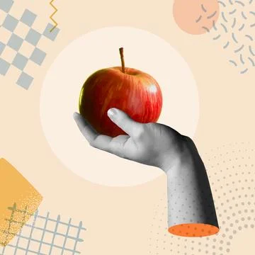 Hand holding a fresh red apple in a collage vector illustration Stock Illustration