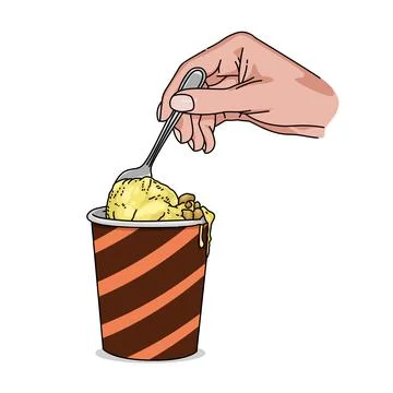 Hand holding fruit milk ice cream in a stripes paper cup with spoon issolated on Stock Illustration