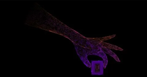 Hand holding geometric figure, microprocessor, made of neon lines on black .. Stock Illustration