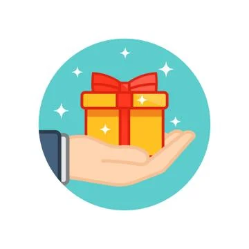 Hand holding gift box decorated with a red bow on isolated white background.  Stock Illustration