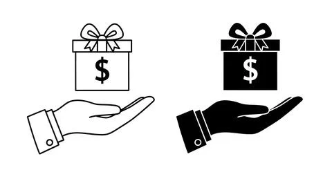 Hand holding gift box with dollar sign icons Stock Illustration