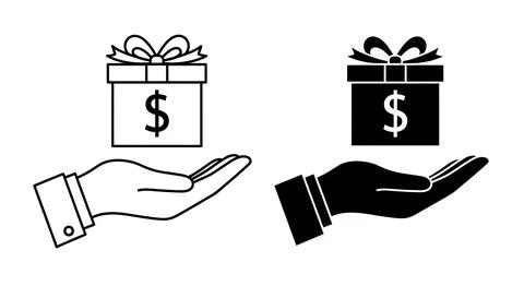 Hand holding gift box with dollar sign icon Stock Illustration