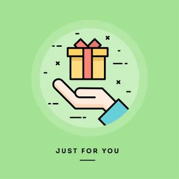 Hand holding a gift box, flat design thin line banner Illustrazione stock