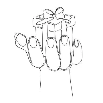 Hand holding a gift box. Line art. Stock Illustration