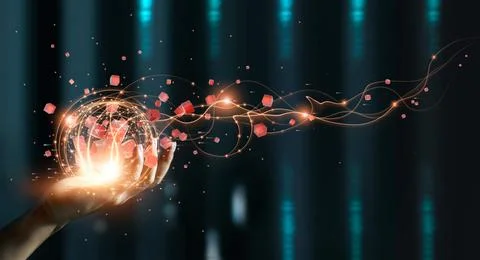 Hand holding of global data network, Big data visualization of futuristic Stock Photos