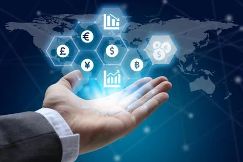 Hand holding global network using Currencies sign symbol interface of Fintech Stock Photos