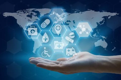 Hand holding global network using modern medical and health care interface Foto stock