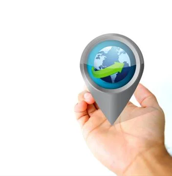 Hand holding a global pin pointer icon Stock Photos