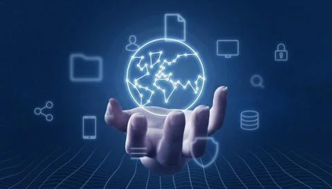 Hand holding globe concept with network threads surrounded with internet of t 스톡 사진