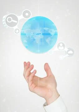 Hand holding a globe with connectors 库存照片