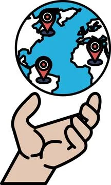 A hand holding a globe with four red dots on it Stock Illustration