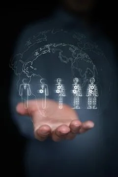 Hand holding globe with human to robot evolution. Global artificial intelli.. 스톡 사진