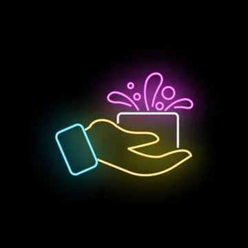 Hand holding glowing gift box neon sign Stock Illustration