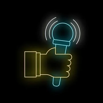 Hand holding glowing neon microphone broadcasting news Stock Illustration