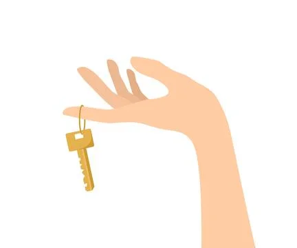 A hand holding a golden key on finger. Flat vector illustration Stock Illustration