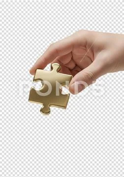 Hand holding golden puzzle piece, teamwork and problem-solving concept PSD Template