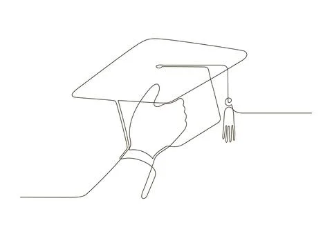 Hand holding graduation cap continuous one line drawing. Festive graduation from Stock Illustration