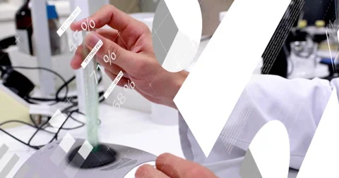 Hand holding green liquid in test tube while overlays floating above rotating Stock Footage 308675843