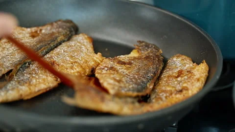 Hand Holding Grilled Fish Piece with Fork Healthy Meal Stock Footage 339520216