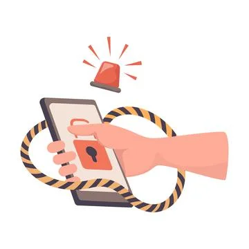 Hand holding hacked smartphone vector flat illustration. Hacker attack, phishing Stock Illustration