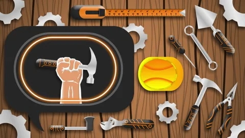 Hand holding hammer in bright blinking light on wooden desk with labour too.. Stock Footage 272242643