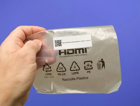 Hand Holding HDMI Plastic Packaging with Symbols Foto stock