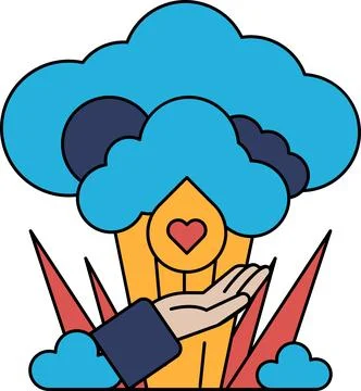 A hand is holding a heart in front of a cloud Stock Illustration