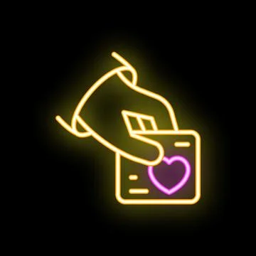 Hand holding heart shaped box neon sign on dark background Stock Illustration