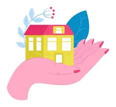 Hand holding house model vector illustration on white background. Rear Stock Illustration