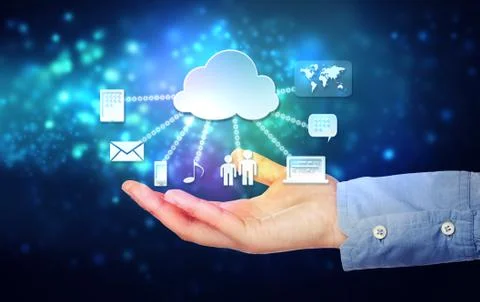 Hand holding hovering cloud computing concept Stock Photos