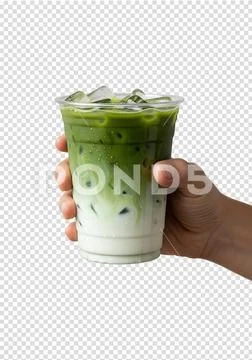 Hand holding iced matcha latte in plastic cup isolated PSD Template