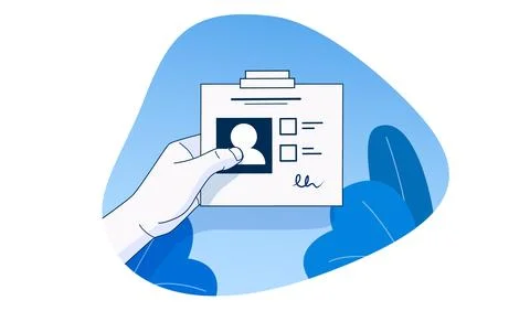 Hand holding id document or badge. Identification concept. Simple outline style. Stock Illustration