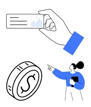 Hand holding ID with image and text, dollar coin symbolizing finance, silhoue Stock Illustration