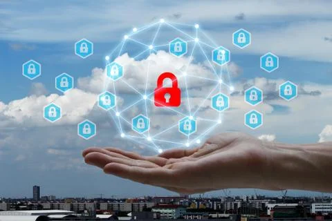 Hand holding interface with padlock technology Stock-Fotos