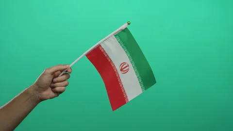 Hand holding iranian flag over green background by a caucasian man in an is.. Vidéo 310050776