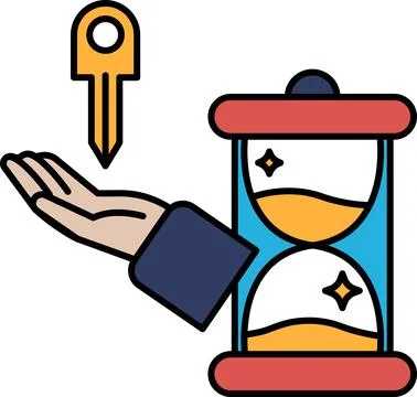 A hand is holding a key above a clock that is set to the number 12 Stock Illustration
