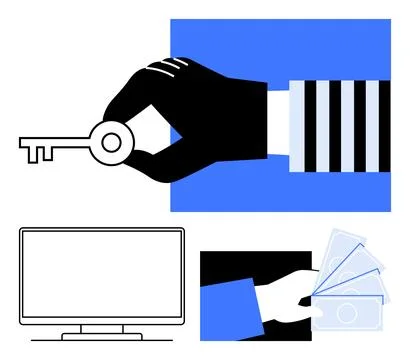 Hand Holding Key, Computer Screen, and Cash in Hand Illustrating Access and.. Stock Illustration