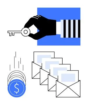Hand holding key with open envelopes and falling coins depicting email secu.. Stock Illustration