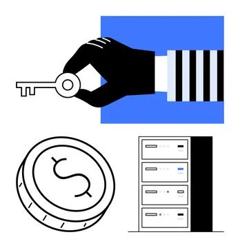 Hand holding a key representing data access control, server security, and c.. Stock Illustration
