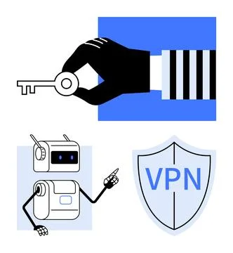 Hand Holding Key, Robot Pointing, and VPN Shield in Tech Security Concept Illustrazione stock